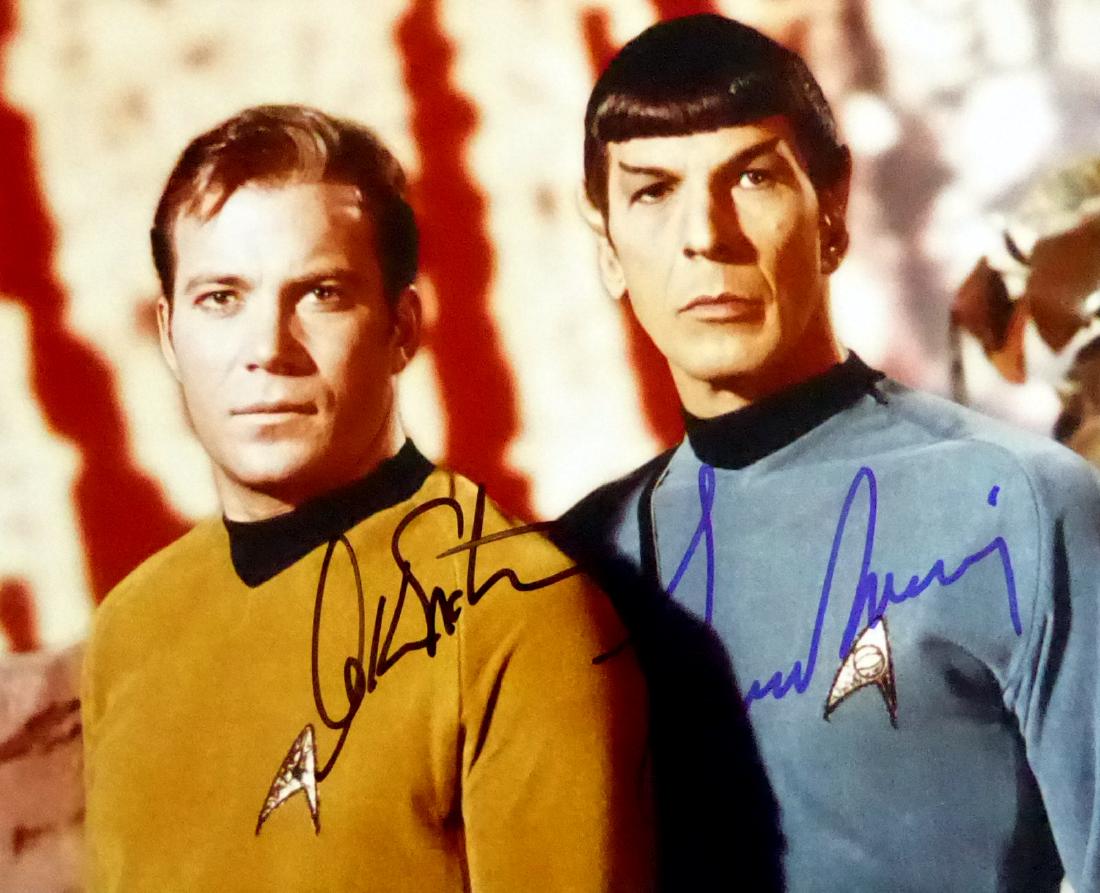 WILLIAM SHATNER & LEONARD NIMOY - Star Trek Photo: Star Trek. William Shatner (1931- ) and Leonard Nimoy (1931- 2015) Actors. 10” x 8” color photograph from the show, signed.