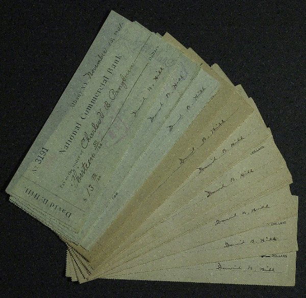 NY Gov DAVID HILL - Twenty-three Checks Signed: David B. Hill (1843-1910) Politician. Hill succeeded to the governorship of New York in 1885 upon Grover Cleveland's resignation. He was elected governor in 1885, and re-elected 1888. He was also a ca