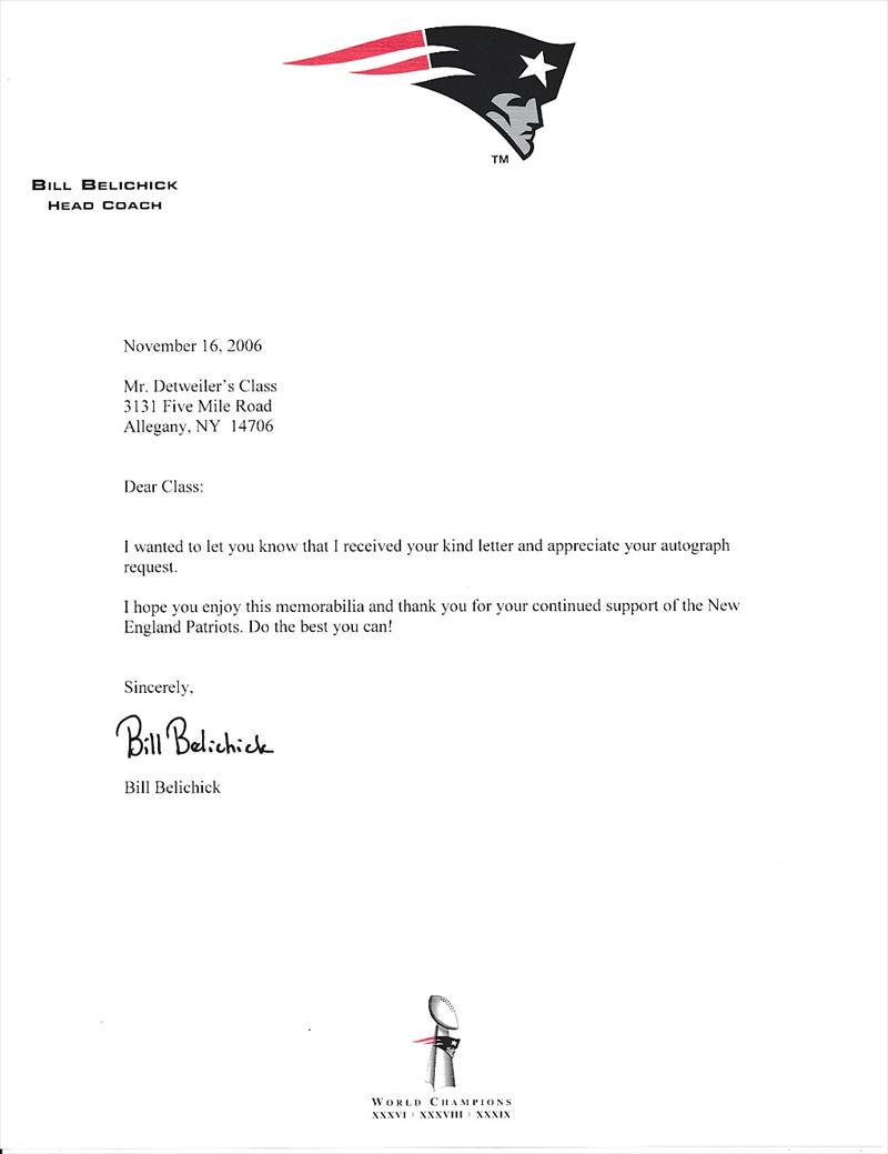 Pats Coach BILL BELICHICK - Typed Ltr Signed: Bill Belichick (1952- ) Coach. Belichick is head coach of the NFL's New England Patriots and widely considered one of the best coaches in football history. He's guided the franchise to five Super Bowl