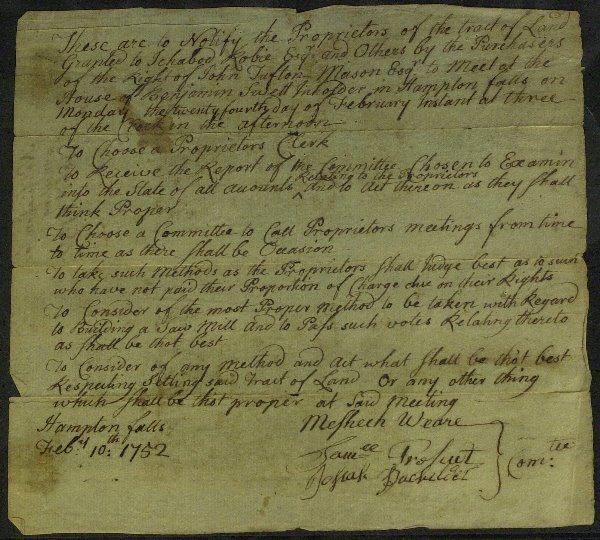 1st NH Governor MESHECH WEARE - Doc Signed 1752