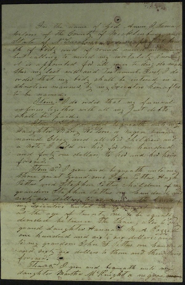 Last Will SAMUEL WILSON Bequeaths His Slaves - 1841