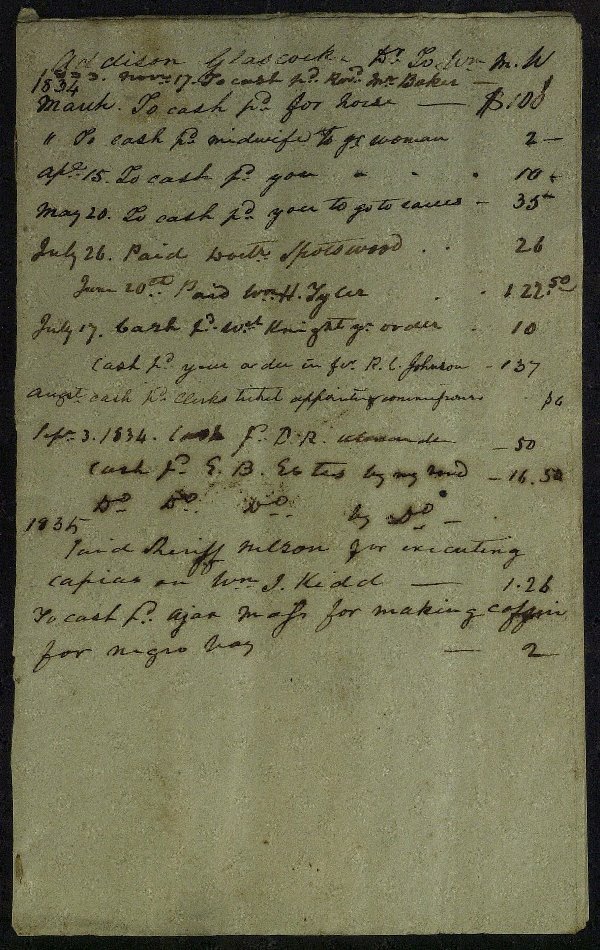 List of Expenses - "Making coffin for negro boy…."