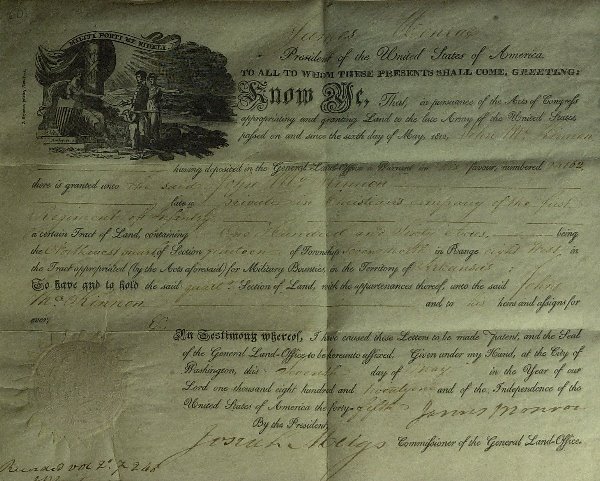 President JAMES MONROE - Landgrant Signed - 2