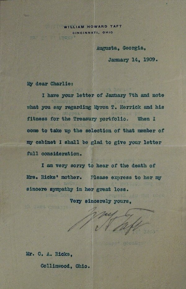 Pres WILLIAM HOWARD TAFT - Typed Ltr Signed