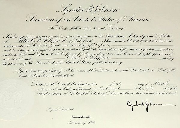 LYNDON JOHNSON-Clark Clifford's Appointment Signed