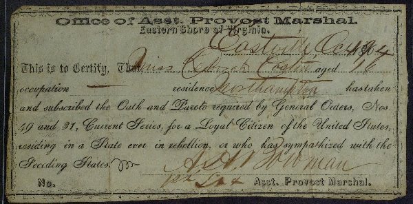 OATH & PAROLE - Issued to a Girl in Virginia 1864