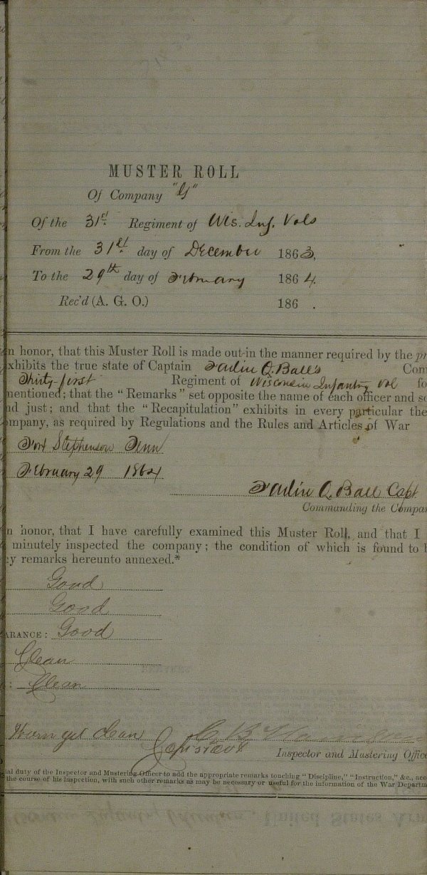 War Date MUSTER ROLL- Wisc Infantry G Company 1864 - 2