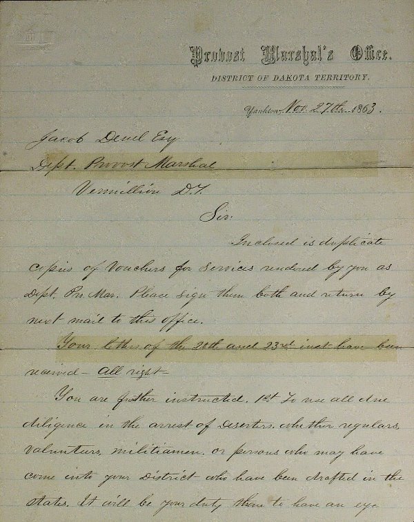 DISTRICT of DAKOTA TERR - 1863 Orders