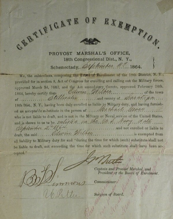 CERTIFICATE of EXEMPTION - 1864 NY Substitute Sold