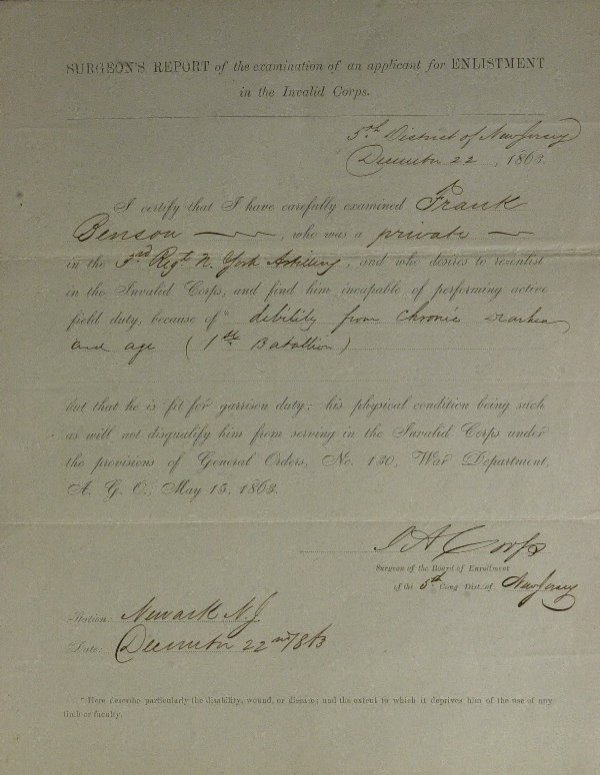 War Date-SURGEON'S REPORT 1863 NYArtillery 3rd Reg