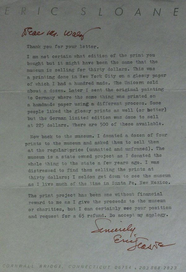 Painter ERIC SLOANE - Typed Letter Signed: Eric Sloane (Everard Jean Hinrichs) (1905–1985) Painter. Sloane produced a prodigious body of work over his lifetime. He created an estimated 15,000 paintings, mostly oil on masonite. 7" x 11" typed