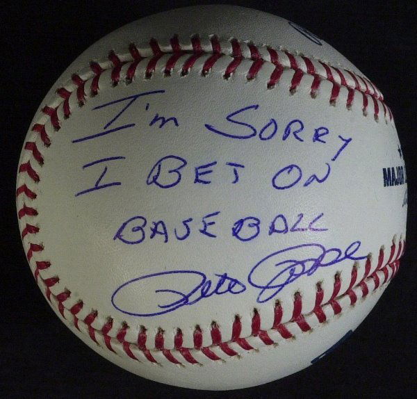 PETE ROSE - "Confession" Baseball Signed: Pete Rose. Official Major League baseball (Bud Selig) signed on a side panel, "I'm sorry I bet on baseball Pete Rose.