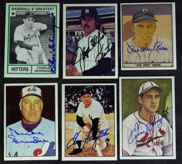 Six Trading Cards Signed By 5 HOFers-REESE, SNIDER: Signed Trading Cards. Six reprints of trading cards signed by the following Hall of Fame members: Charles Gehringer, Catfish Hunter, Pee Wee Reese, Duke Snider and two cards signed by Enos Slaughter.
