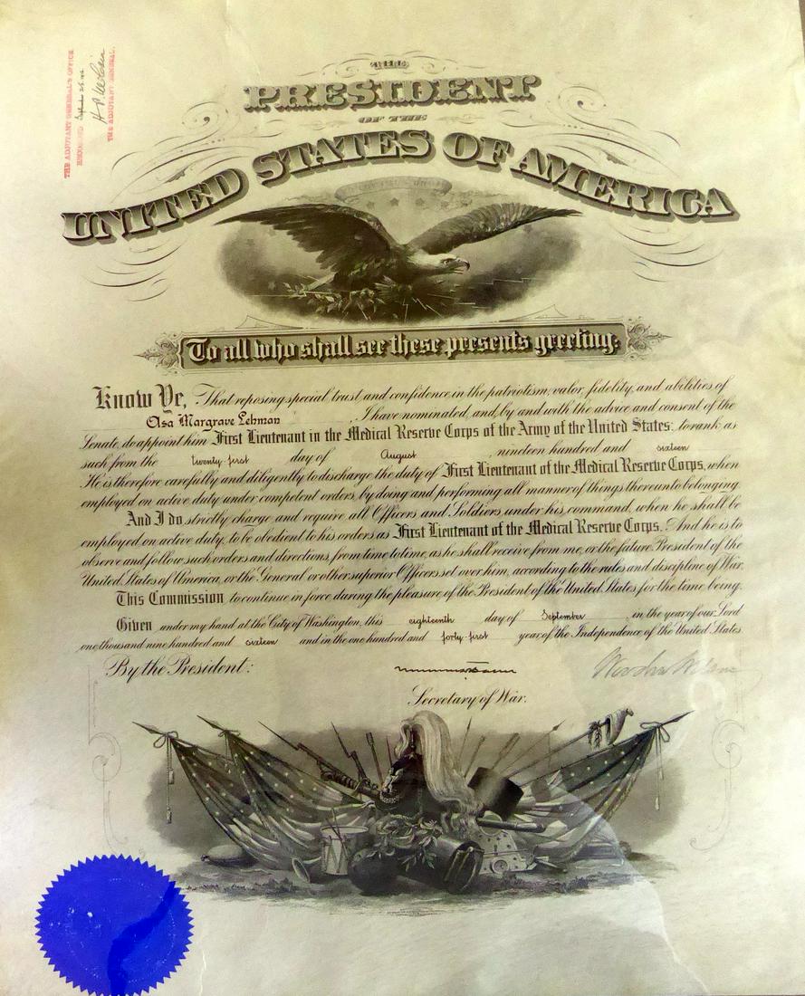 28th President WOODROW WILSON - Military Appointment: Woodrow Wilson (1856-1924) 28th President. 15 ½” x 19 ½” vellum document signed, Washington, September 18, 1916. The document is an appointment of Asa Lehman as “First Lieutenant in the Medica
