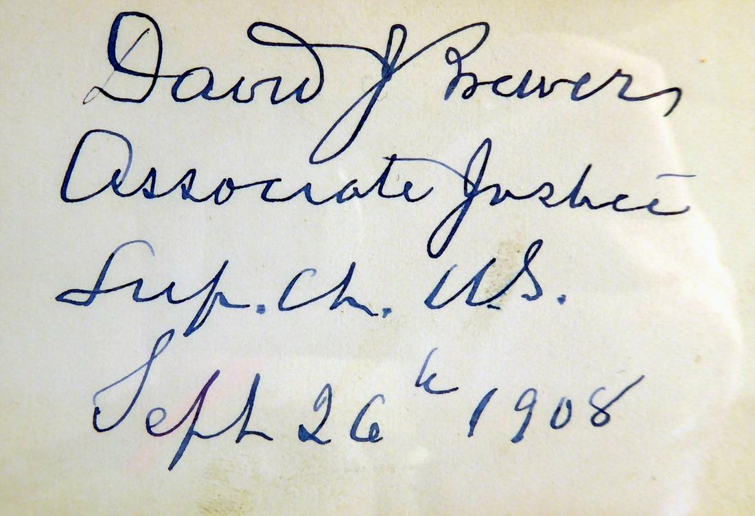 Jurist DAVID J BREWER - Card Signed: David J. Brewer (1837-1910) Jurist. Brewer was nominated to the Supreme Court in 1858 by Benjamin Harrison. He served on the Court for twenty years. 3 ¼” x 2 ¼” card signed, “David J Brewer As