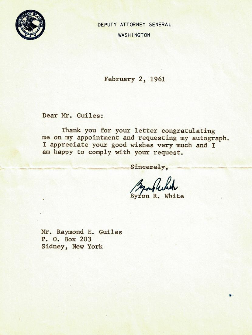 Jurist BYRON "WHIZZER" WHITE - Typed Ltr Signed: Byron R. White (1917-2002) Jurist. White served as an Associate Justice of the Supreme Court from 1962 to 1993. He played college football, basketball, and baseball for the University of Colorado, fin