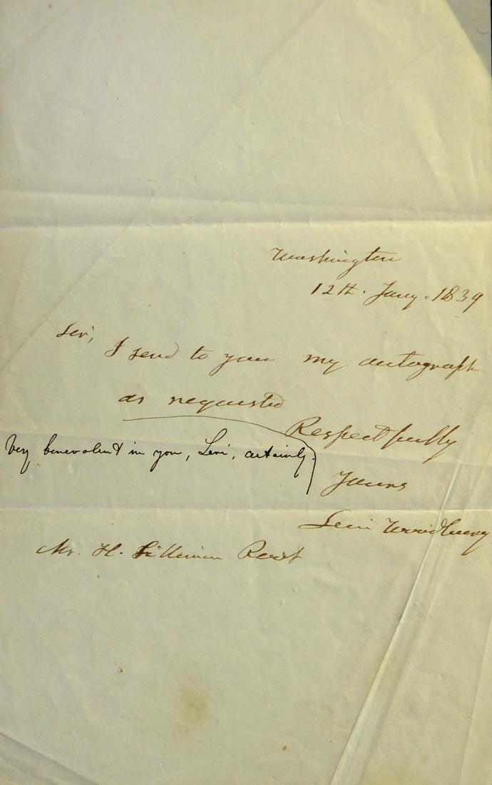 Jurist LEVI WOODBURY - ALS with FF Envelope: Levi Woodbury (1789-1851) Politician, jurist. Woodbury was an Associate Justice of the Supreme Court of the United States, a U.S. Senator, the 9th Governor of New Hampshire, and cabinet member in thre