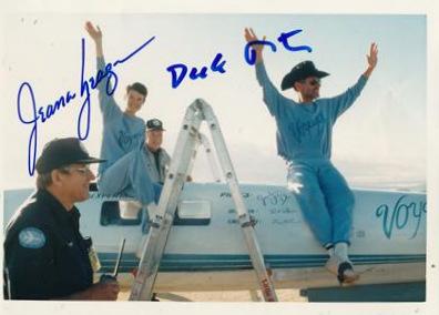 Voyager: DICK RUTAN and JEANA YEAGER - Photo Signed: Voyager. Voyager was the first airplane to circumnavigate the earth nonstop on a single load of fuel. Flown by Dick Rutan (1938- ) and Jeana Yeager (1952- ), Voyager took off from California on Dec. 1