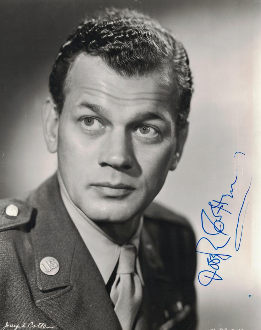 Actor JOSEPH COTTEN - Photo Signed: Joseph Cotten (1905-1994) Actor. Cotten was a member of Orson Welles Mercury Theater radio ensemble. He also appeared in the movie Citizen Kane. 7 ¼” x 9” black and white photograph, in military 