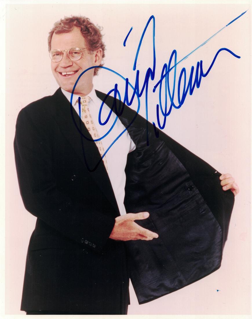 Comedian, TV Host DAVID LETTERMAN - Photo Signed: David Letterman (1947- ) Comedian, television host. Letterman hosted a late night television talk show for 33 years. 8” x 10” color photograph signed, “Grace. Take care Your Friend Dave Letterma