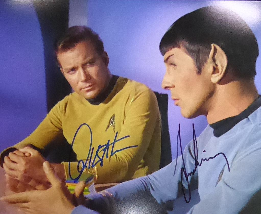 Star Trek SHATNER & NIMOY - Photo Signed: Star Trek. William Shatner (1931- ) and Leonard Nimoy (1931- 2015) Actors. Shatner gained worldwide fame and became a cultural icon for his portrayal of James T. Kirk, captain of the USS Enterprise. N
