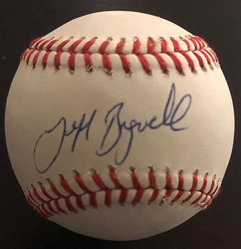 First Baseman JEFF BAGWELL - Official Baseball Signed: Jeff Bagwell (1968-) First baseman and coach. Bagwell spent his entire 15-year Major League Baseball (MLB) playing career with the Houston Astros. He was elected to the to the National Basebal