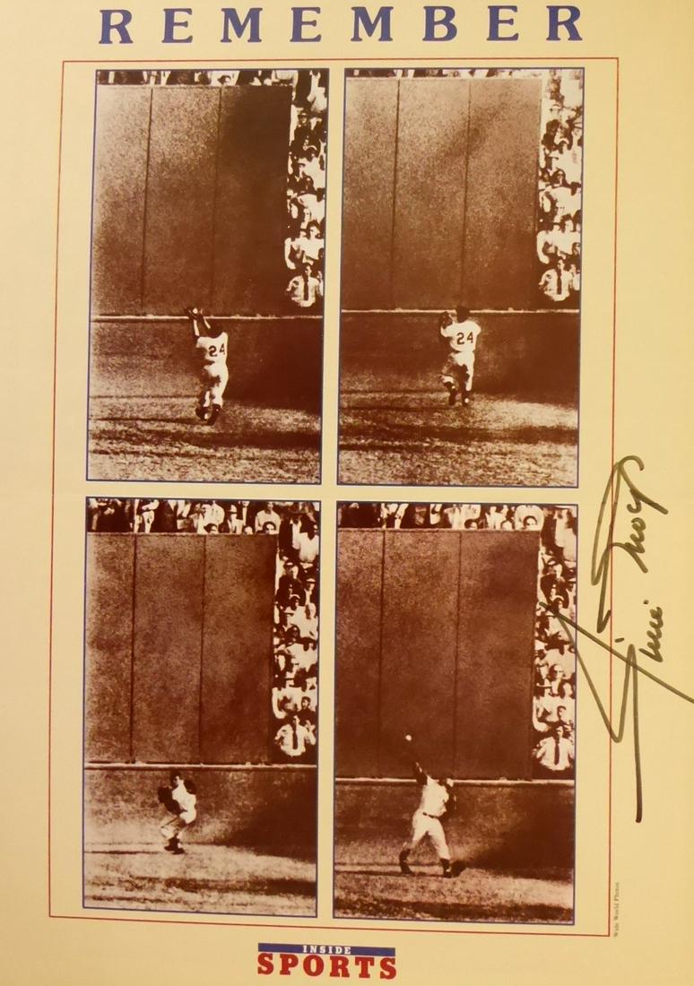 "Say Hey Kid" WILLIE MAYS - Large Photo Signed: Willie Mays. 10 ¾” x 14 ¾” Inside Sports poster, titled “Remember” with a composite photograph of Mays’ Polo Grounds catch of Vic Wertz fly ball, signed.