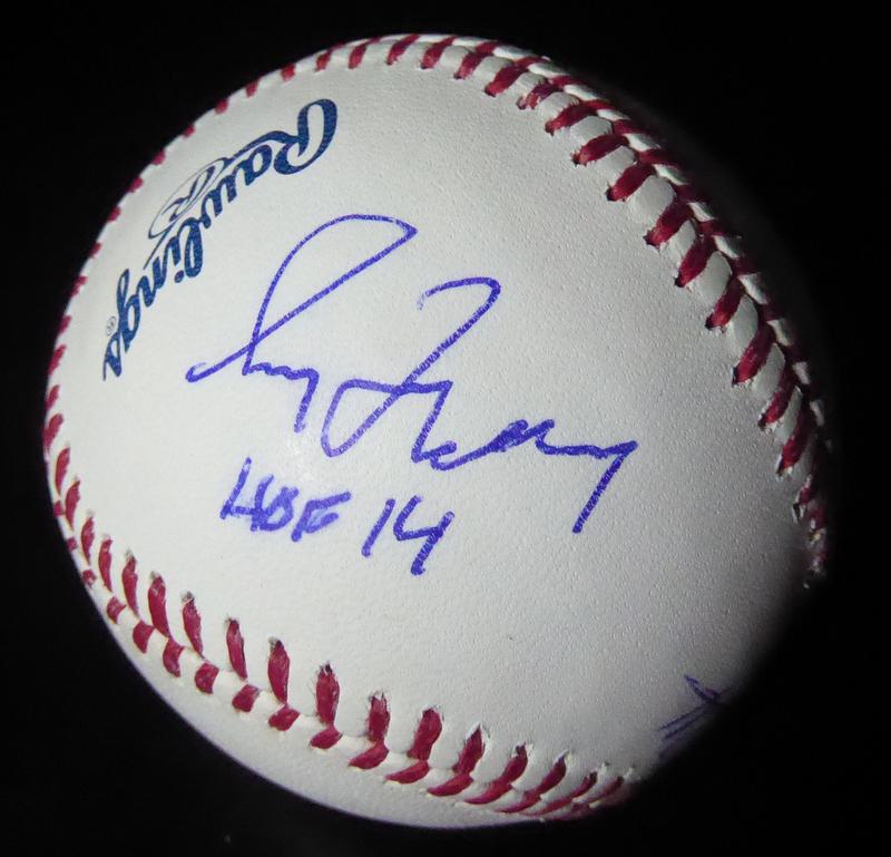 HOF 2014 COX,GLAVINE and MADDUX Signed Ball: HOF 2014 Braves Baseball. OML (Selig) ball signed by 2014 HOF Braves inductees, Bobby Cox, Tom Glavine and Greg Maddux. Each person has added 'HOF 14' under his signature. Ball and signatures are in p