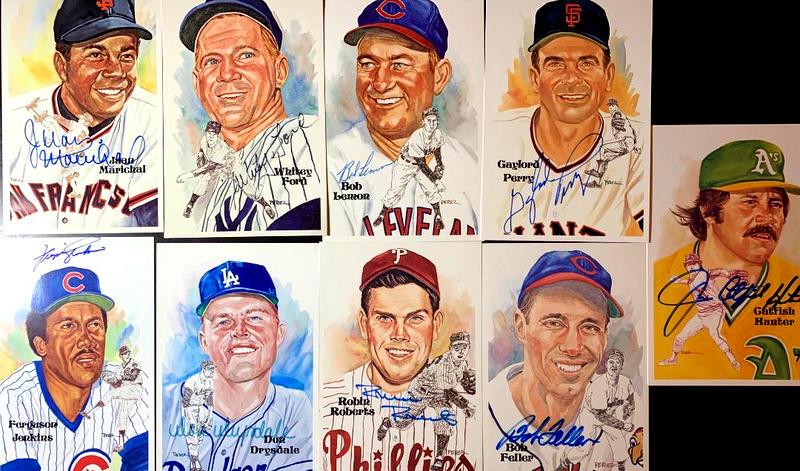 (9) HOF Pitchers Signed Cards DRYSDALE, HUNTER: 297 Lot of Nine Individually Signed Perez Post Cards Nine Perez post cards signed individually by the following Hall of Fame pitchers: Don Drysdale, Bob Feller, Whitey Ford, Jim Catfish Hunter, Fergie