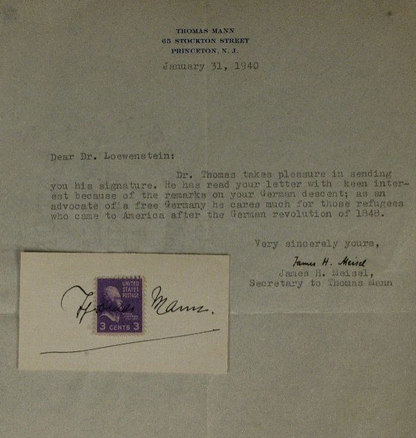 German Author THOMAS MANN - Stamp Signed: Thomas Mann (1875-1955) German author. Mann was perhaps the most influential and representative German author of his time. He was awarded the Nobel Prize in Literature in 1929, principally in recognit