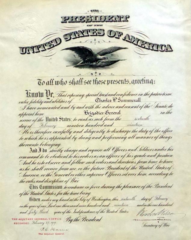 28th Pres WOODROW WILSON - Military Appointment: Woodrow Wilson (1856-1924) 28th President. 11 ½” x 14 ½” document signed, Washington, February 16, 1919. The document is an appointment fo Charles P. Summerall as Brigadier General. It has been 