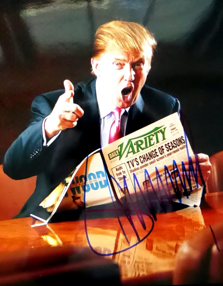 45th President DONALD TRUMP - Photo: Donald Trump (1946- ) 45th President. 8” x 10” color photograph of a raging Trump from his television show, signed.