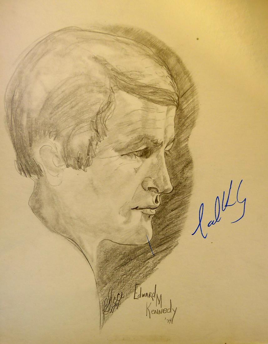 Mass Senator EDWARD "TED" KENNEDY - Original Sketch: Edward M. “Ted” Kennedy (1932-2008) Politician. Kennedy was elected to the Senate when he was 30, and continued to work in Congress throughout his life. Though marked by scandal, he was viewed as 