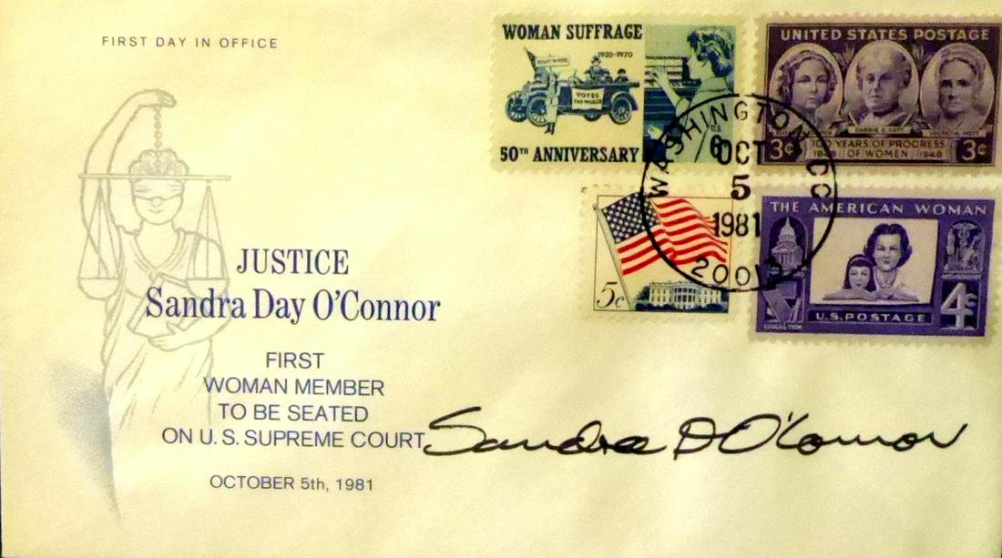 1st Woman Justice SANDRA DAY O'CONNOR - Postal Cover: Sandra Day O’Connor (1930- ) Jurist. O’Connor was the first woman appointed to the U.S. Supreme Court. A Republican, she was considered a moderate conservative and served for 24 years. Postal cove