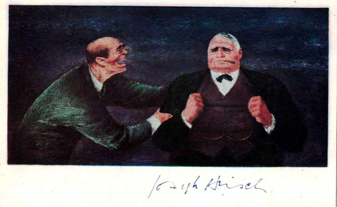 Painter JOSEPH HIRSH - Card With "The Senator", Signed: Joseph Hirsch (1910-1981) Painter. Hirsch was a realistic artist who came to national attention as a muralist for the Federal Works Progress Administration in the 1930's. 5 ½” x 3 ½” card with h