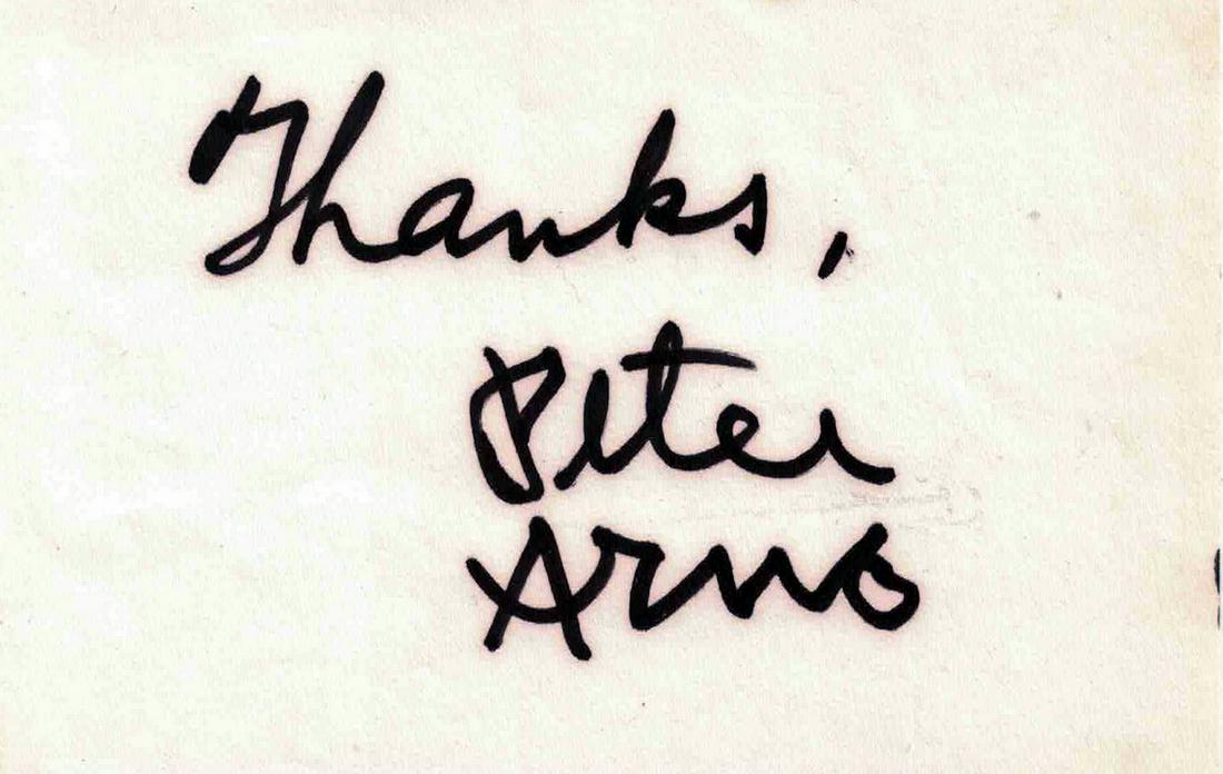 New Yorker Cartoonist PETER ARNO - Signature: Peter Arno (1904-1968) Cartoonist. Arno contributed cartoons and 99 covers to The New Yorker from 1925, the magazine's first year, until 1968. 6” x 4” sheet signed, “Thanks Peter Arno.”