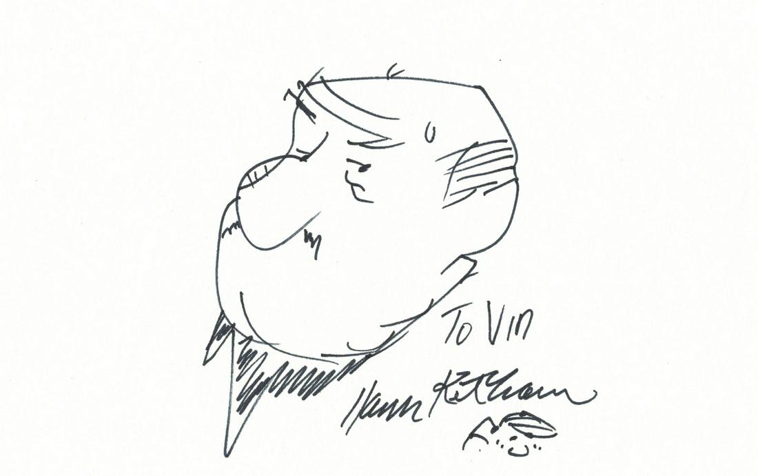 Dennis the Menace Cartoonist HANK KETCHAM - Sketch: Hank Ketcham (1920-2001) Cartoonist. Ketcham created the Dennis the Menace comic strip, writing and drawing it from 1951 to 1994. 9” x 6” original sketch of Mr. Wilson and Dennis signed, “To Vin