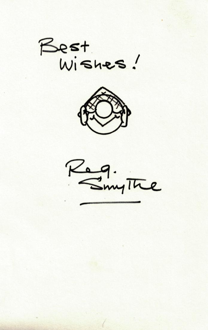 British Cartoonist REG SMYTHE - Andy Capp Sketch: Reg Smythe (1917-1998) British cartoonist. Smythe created the popular, long-running Andy Capp comic strip. 5” x 8” sketch of Andy Capp signed, “Best Wishes! Reg Smyrhe”.