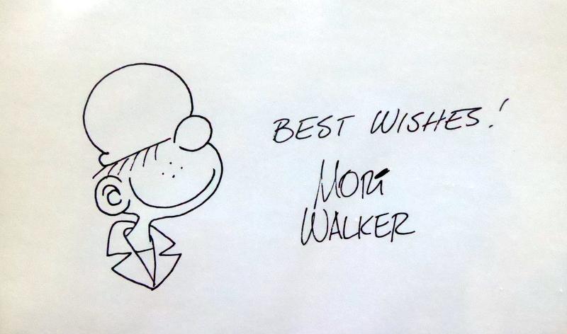 "Beetle Bailey" Cartoonist MORT WALKER - Sketch: Mort Walker (1923- 2018) Cartoonist. Walker is best known for creating the newspaper comic strips Beetle Bailey in 1950 and Hi and Lois in 1954. 5” x 3” card with a sketch of Beetle Bailey, signed