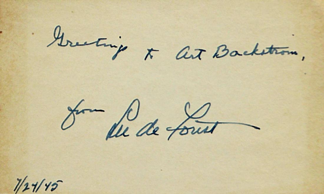 "Father of the Radio" LEE DeFOREST - Card Signed: Lee De Forest (1873-1961) Inventor. De Forest invented the Audion vacuum tube, which made possible live radio broadcasting and became the key component of all radio, telephone, radar, television, and