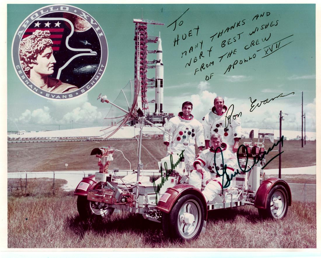 APOLLO 17 - Crew Signed NASA Lithograph: Apollo 17. Apollo 17 was the final mission of NASA's Apollo program. It was launched on December 2, 1972. Its crew consisted of Commander Eugene Cernan (1934-2017), Lunar Module Pilot Harrison Schmitt