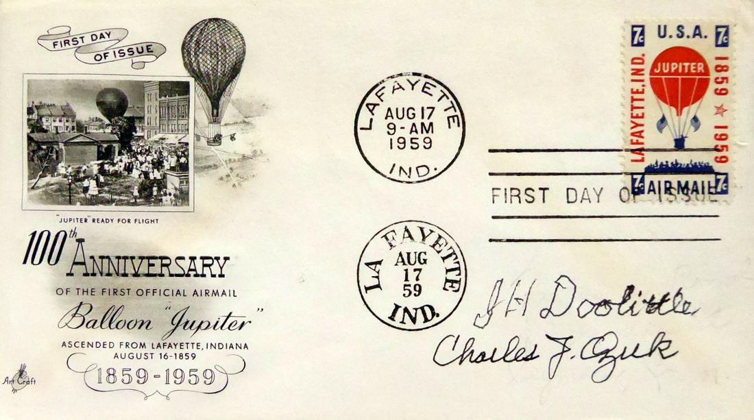 JIMMY DOOLITTLE & Raider CHAS OZUK - Postal Cover: James H. Doolitte. First day of issue postal cover, with the Balloon Jupiter commemorative and cachet, signed. The cover is also signed by “Doolittle Raider”, Charles J. Ozuk (1916-2010).