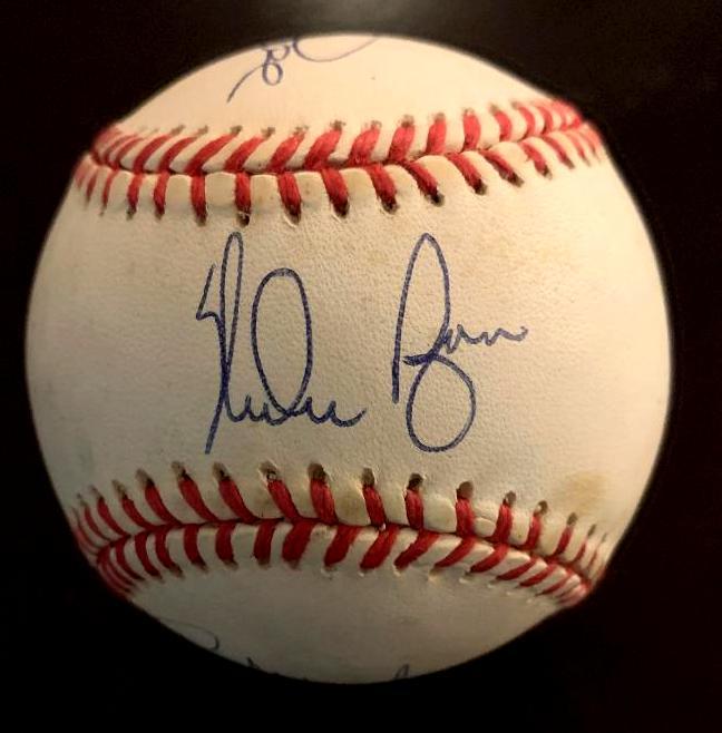 AARON, ROSE, HENDERSON & RYAN - Baseball Signed: Leaders of Baseball Leaders of Baseball OAL ( Brown) ball signed by: Hank Aaron, Rickey Henderson, Pete Rose and Nolan Ryan. Ball has some toning, but signatures are in very good condition. COA from B