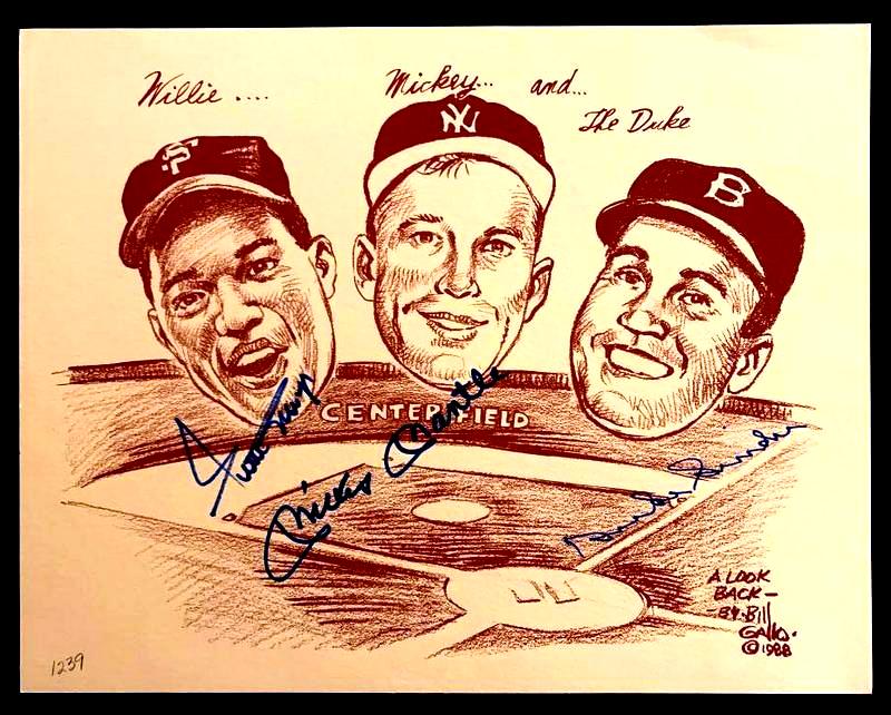 "WILLIE, MICKEY and the DUKE" - Bill Gallo Card Signed: Mays, Mantle and Snider Signed Card ‘Willie, Mickey and The Duke’ Signed Card. 11" x 9" Bill Gallo card signed by the legendary center fielders of New York in the 50’ s: Mickey Mantle, Willie Ma