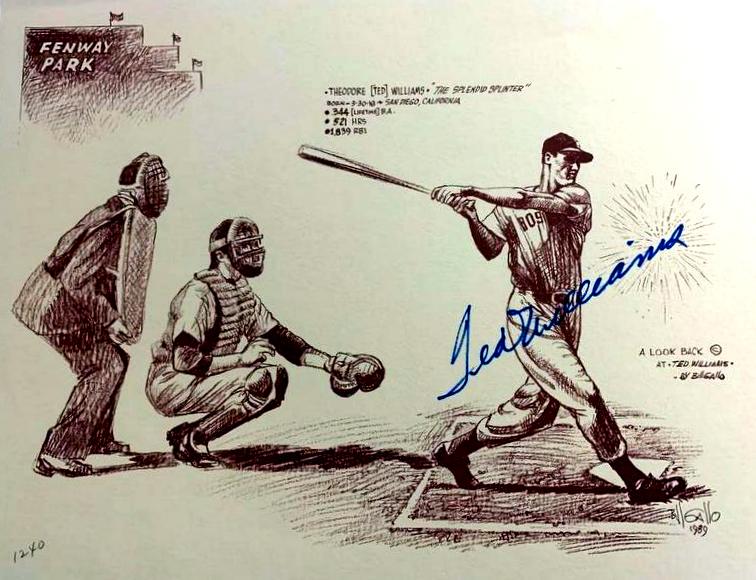 Bosox TED WILLIAMS - Bill Gallo Illustration: Ted Williams Signed Bill Gallo Card Theodore Samuel Williams (1918 – 2002) was an American professional baseball player and manager. He played his entire 19-year Major League Baseball (MLB) career a