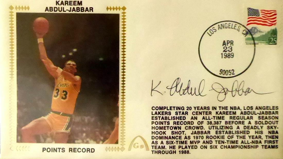 UCLA, Laker Great KAREEM ABDUL JABBAR - Postal Cover: Kareem Abdul-Jabbar (1947- ) Center. Abdul-Jabbar was recruited to play at UCLA and led the Bruins to three national titles. His dominance continued in the NBA, first for the Milwaukee Bucks, an