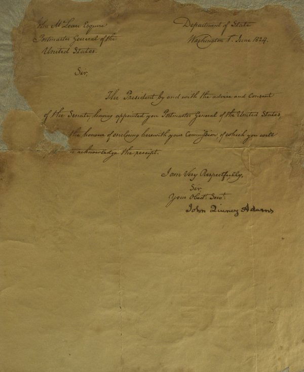 Pres JOHN QUINCY ADAMS - Import. Appointment Signed: John Quincy Adams (1767-1848) 6th President. 8" x 9 ½" document signed, Washington, June 1824, to John McLean. "…The President by and with the advise and consent of the Senate having appointed you