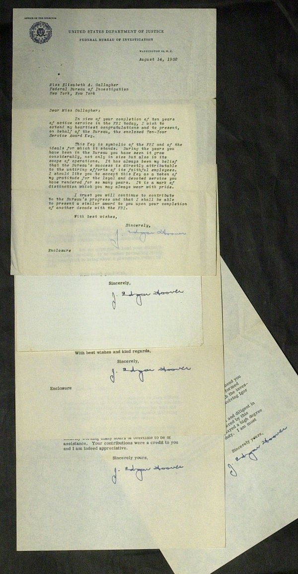 FBI Director J EDGAR HOOVER-Five Typed Ltrs Signed: J. Edgar Hoover (1895-1972) Director of the F. B. I. Hoover was instrumental in founding the FBI in 1935, where he remained director until his death in 1972. He was highly regarded by much of the U.S.