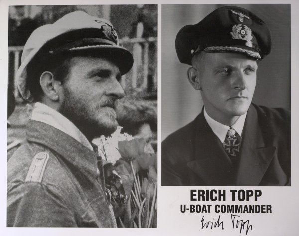 WW II U-Boat Commander ERICH TOPP - Photo Signed: Erich Topp (1914-2005) U-Boat Commander. Topp operated mainly against convoys in the North Atlantic, sinking 30 ships and crippling several others on ten patrols. One of his victims during this period