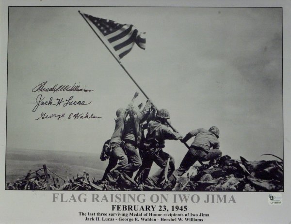 IWO JIMA - Photo Signed By 3 MOH Winners: Iwo Jima. The capture of the Japanese island of Iwo Jima in World War II by three U.S. Marine divisions supported by more than 800 warships and landing craft has been described as the classic amphibio